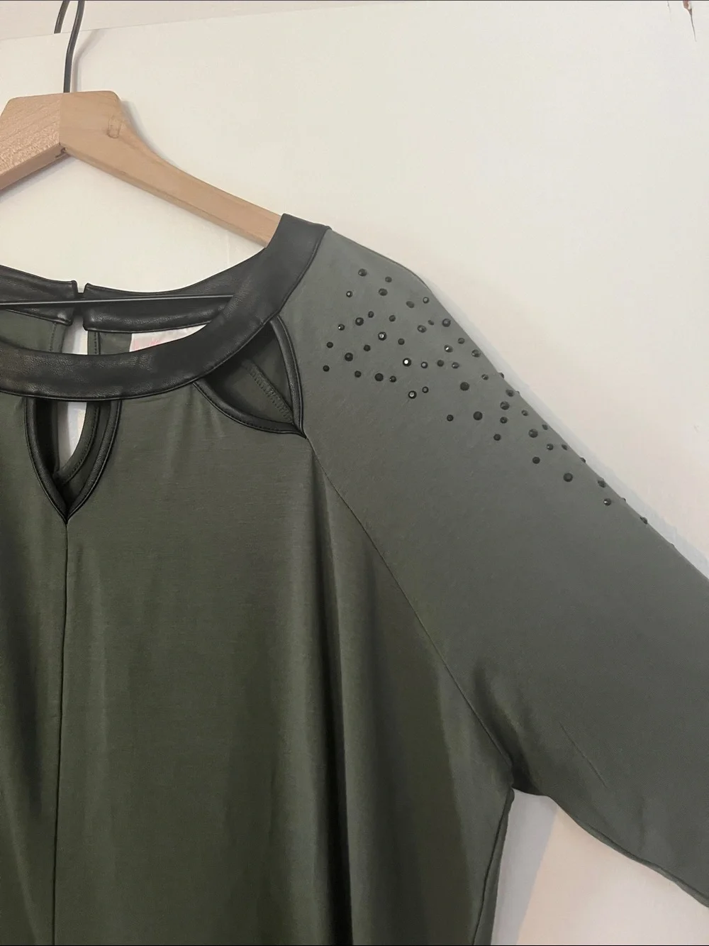 Belle Susan Gravel Olive Green Embellished Cut Out Faux Leather Trim Tunic Top